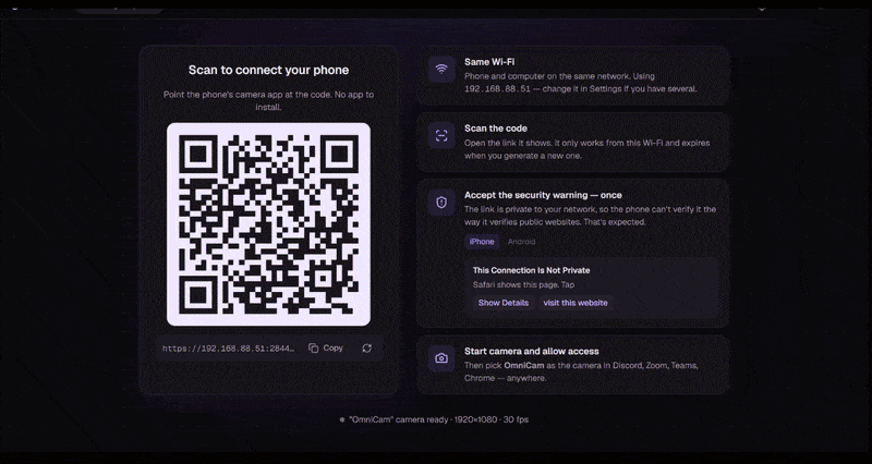 Screen recording on the PC: OmniCam shows a QR code, then switches to the live preview once the phone connects