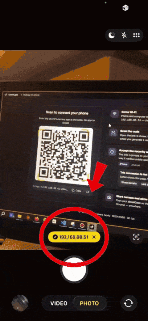 Screen recording on the phone: scan the code, accept the one-time warning, tap Start camera