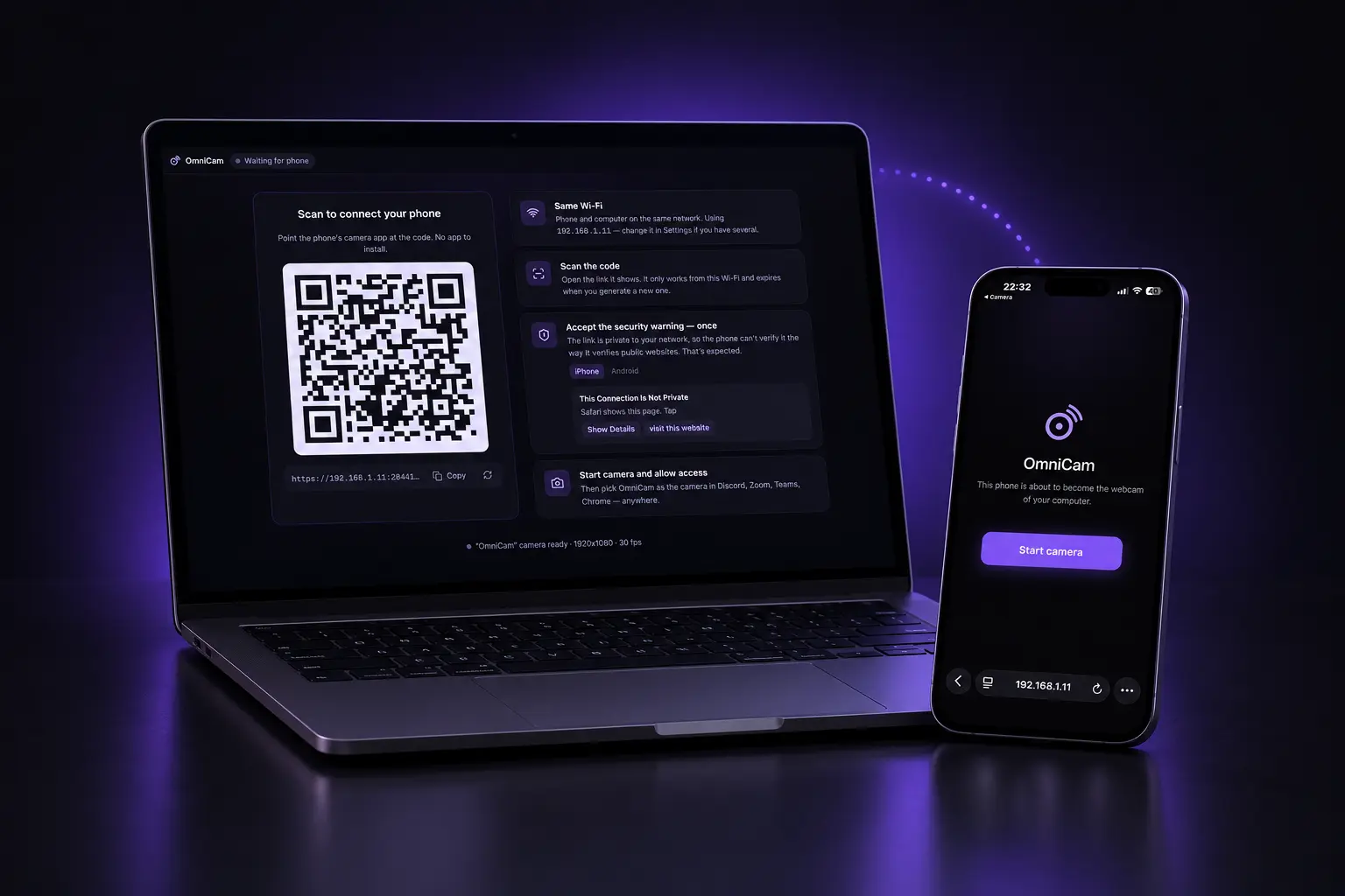 OmniCam on a laptop showing the pairing QR code, next to a phone showing the Start camera page