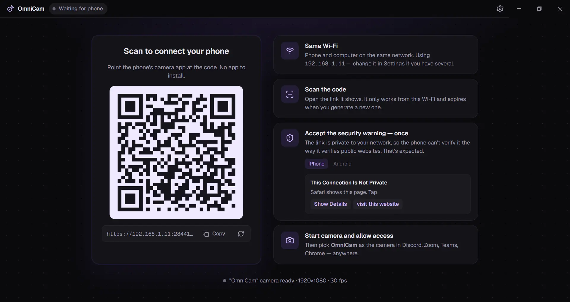 OmniCam pairing screen: the QR code and the four setup steps