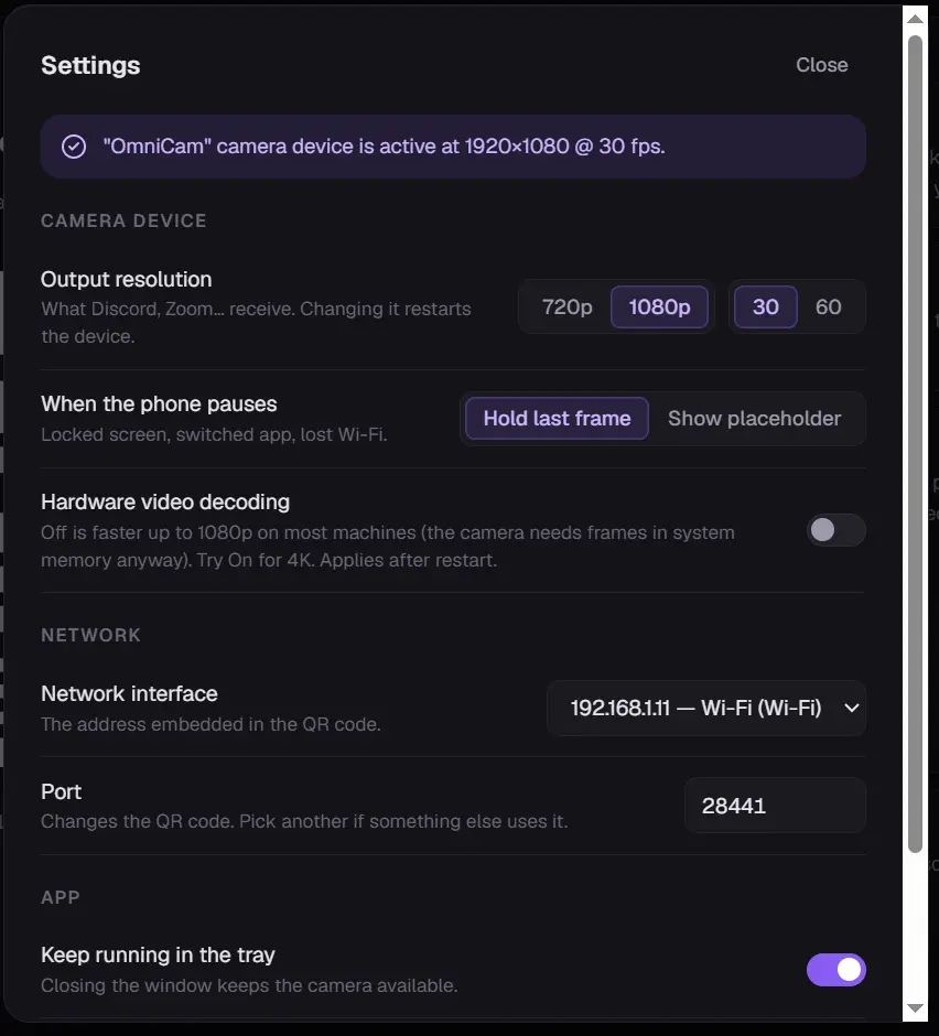 OmniCam Settings dialog