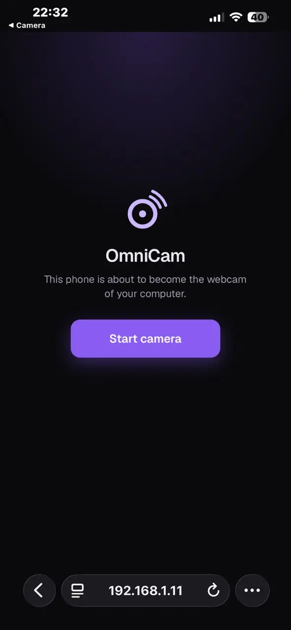 OmniCam phone page with the Start camera button.